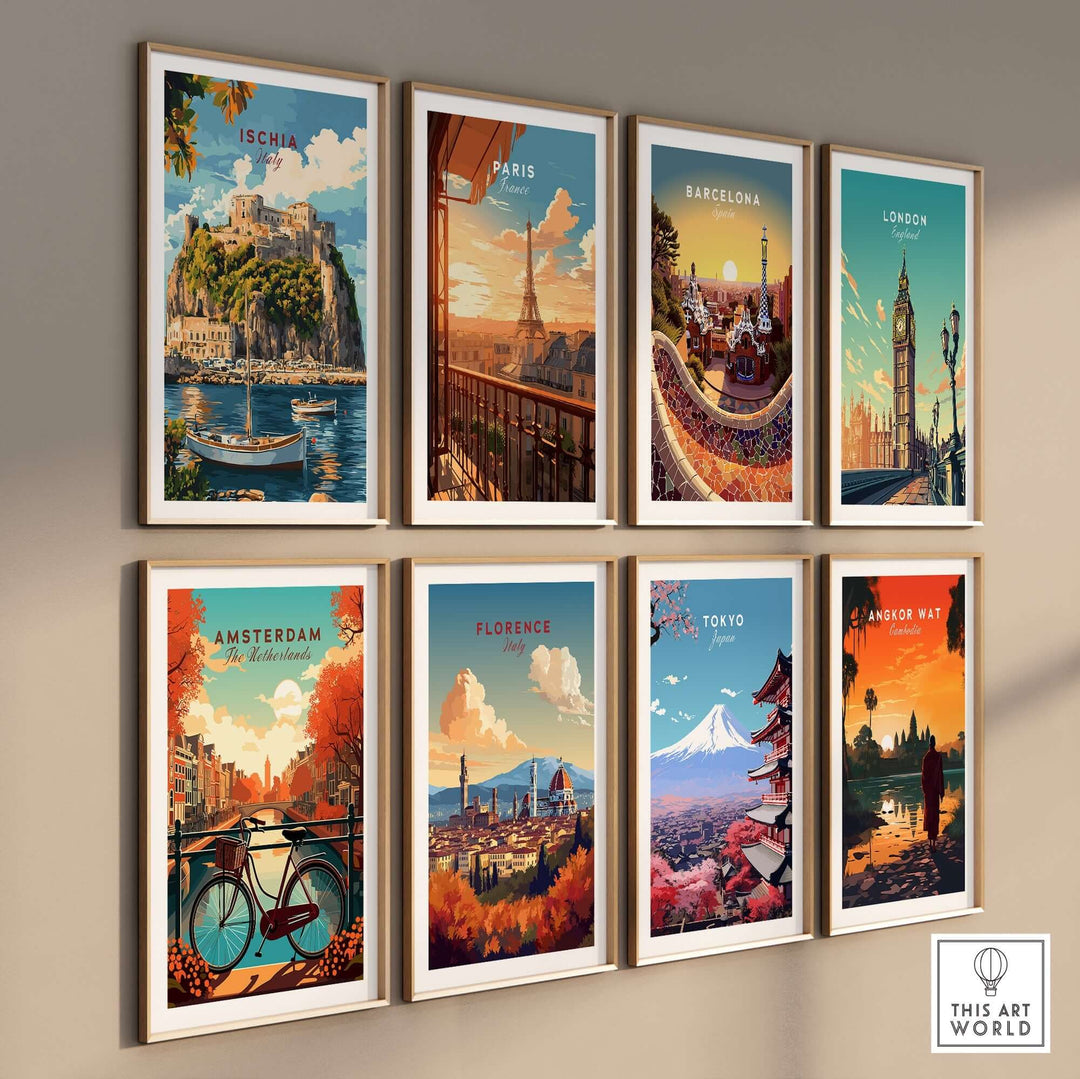 Nine travel prints featuring Ischia, Paris, Barcelona, London, Amsterdam, Florence, Tokyo, and Angkor Wat on a wall.