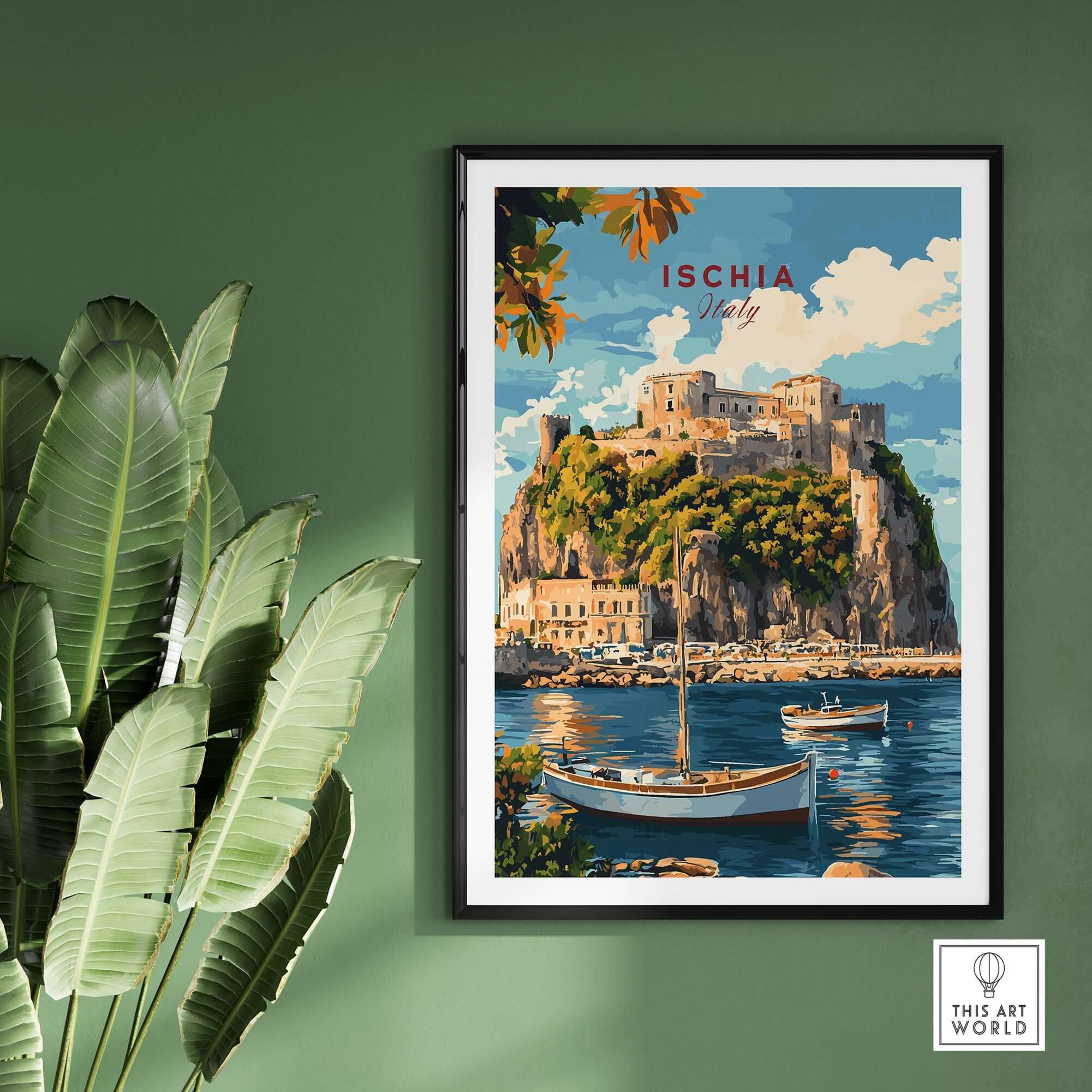 Ischia Travel Print Italy framed print showcasing Ischia's scenic beauty with boats and lush greenery.