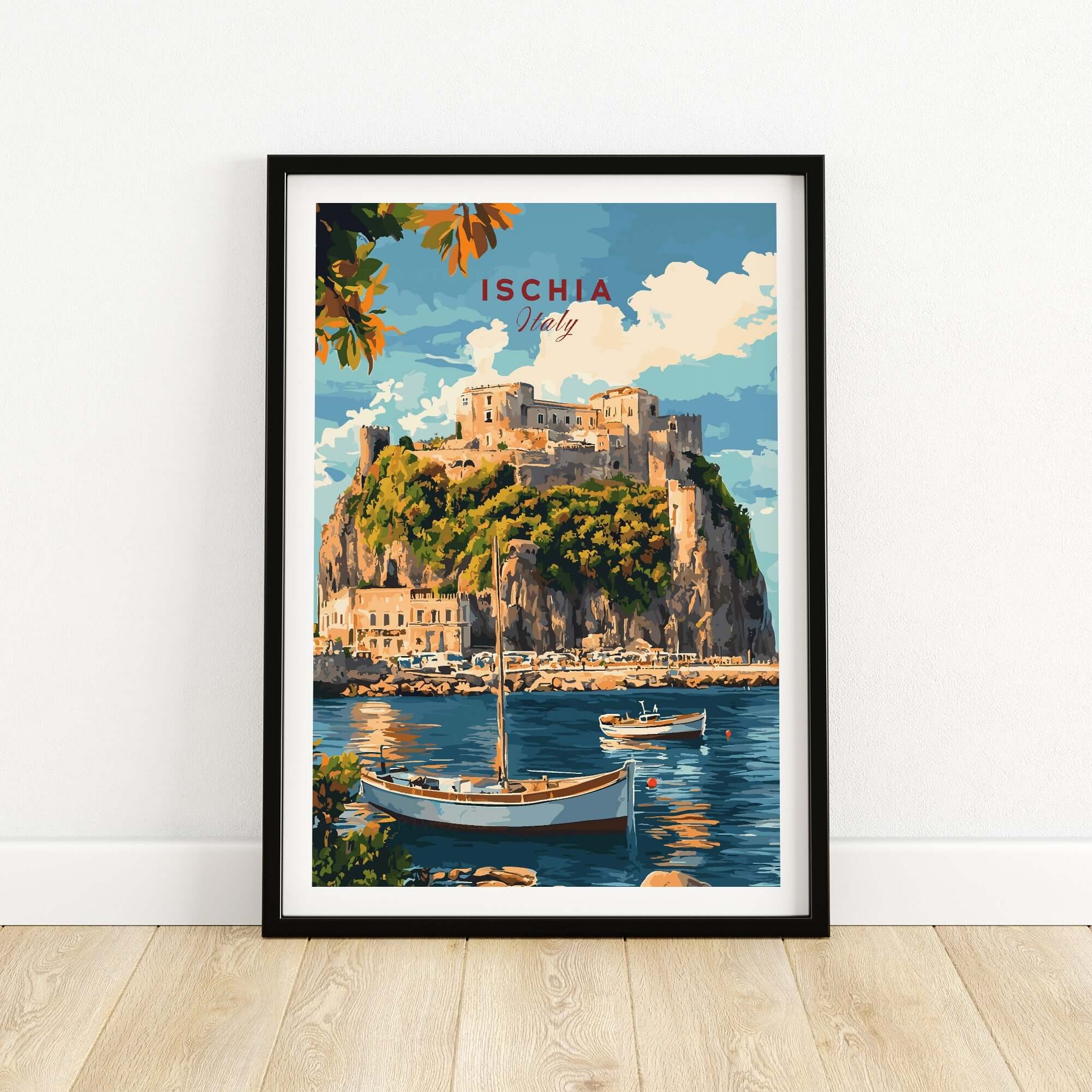 Ischia Travel Print Italy featuring a scenic depiction of Ischia with boats and a castle backdrop.