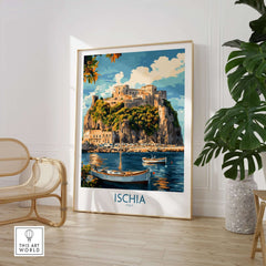 Ischia Wall Art Print Italy showcasing the beautiful coastal scenery of Ischia island in a stylish interior setting.