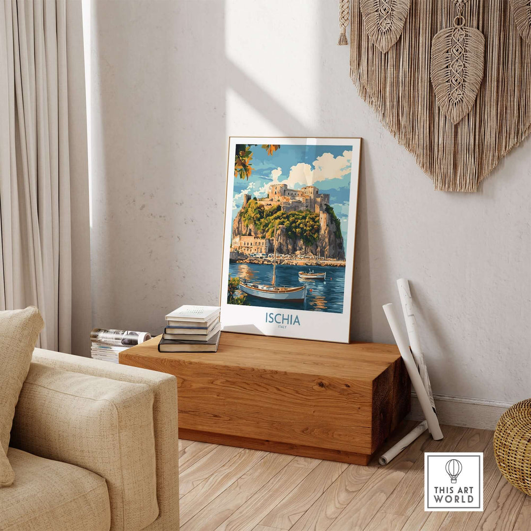 Ischia wall art print featuring a coastal scene in Italy with a castle and sailboat, perfect for home decor.