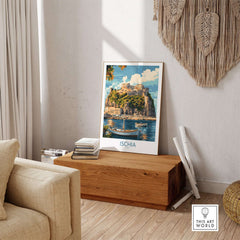 Ischia Wall Art Print Italy displayed in a stylish interior with a wooden table and cozy decor.