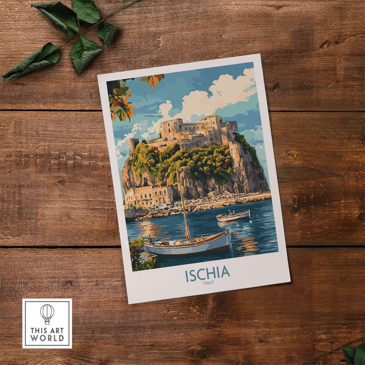 Ischia Wall Art Print showcasing picturesque Italian coastline and castle on a wooden table background.