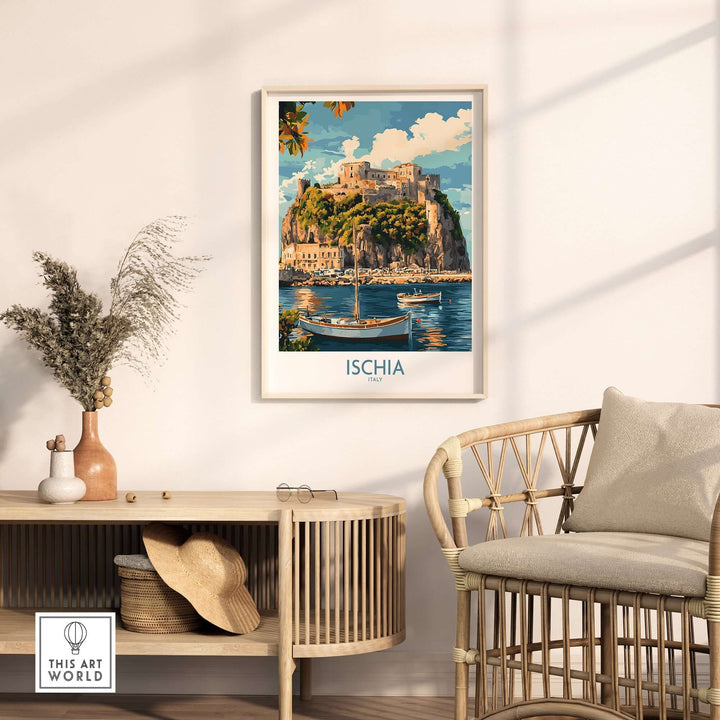 Ischia wall art print showcasing the scenic beauty of Italy's Ischia island in a stylish living room setting.