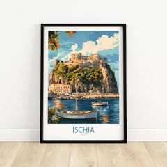 Ischia Wall Art Print Italy showcasing a beautiful coastal scene with a castle and boats.