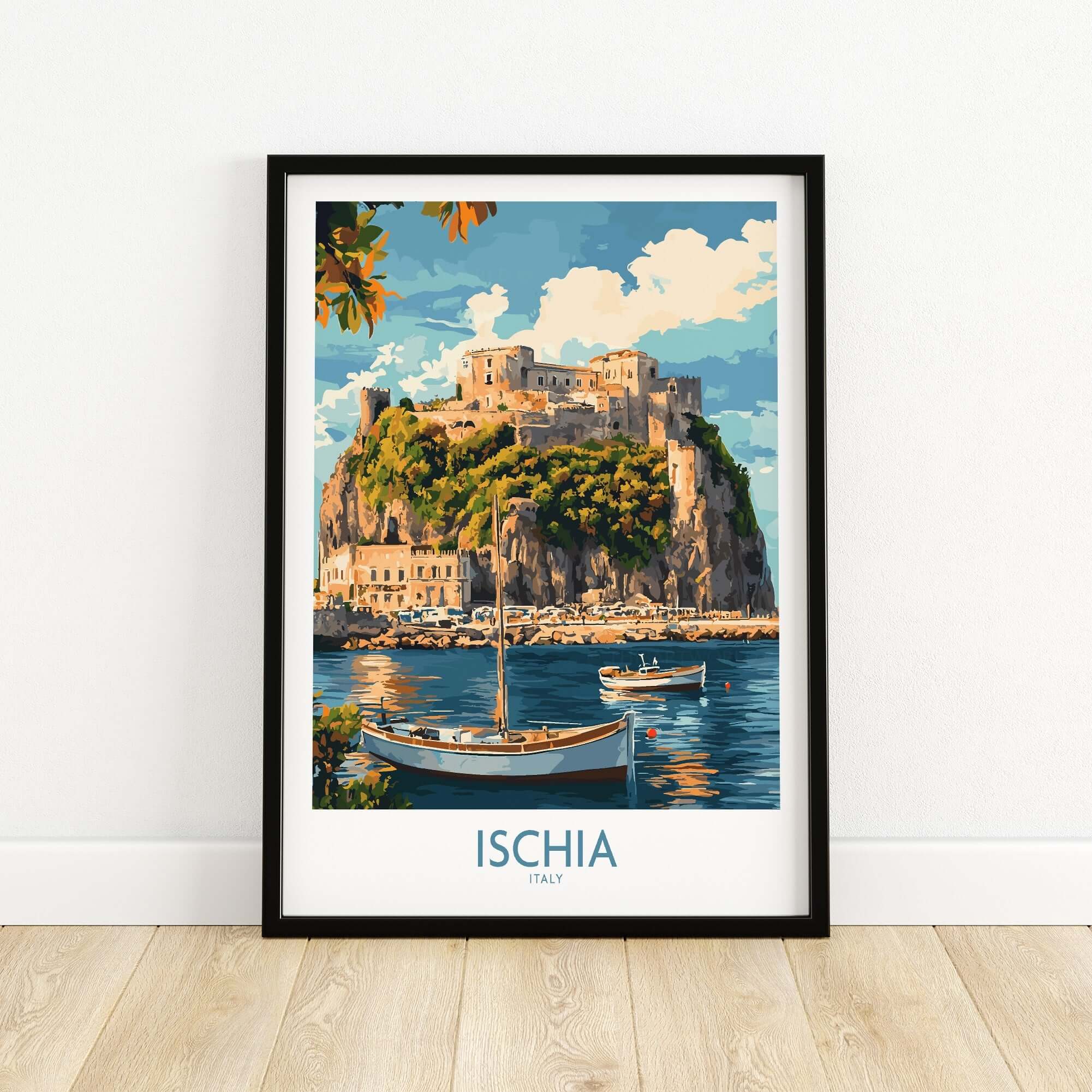 Ischia Wall Art Print Italy showcasing a beautiful coastal scene with a castle and boats.