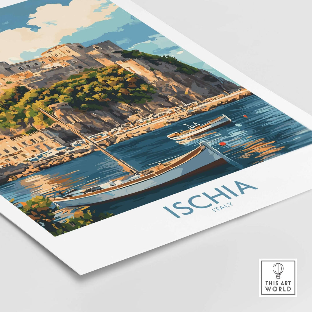 Ischia wall art print showcasing the scenic beauty of Ischia, Italy with boats and picturesque cliffs.