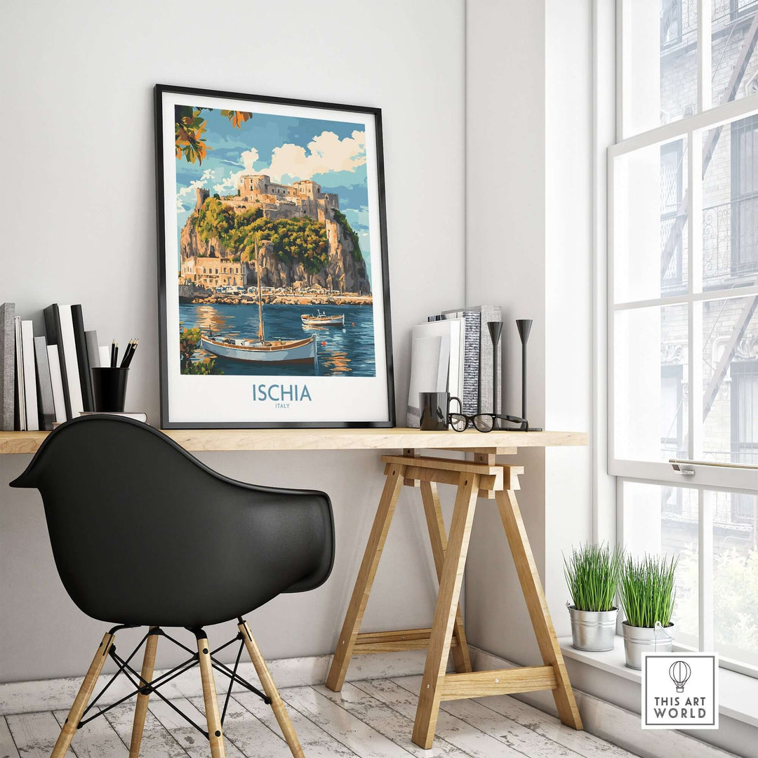 Ischia Wall Art Print displayed in a stylish home office, showcasing Italy's scenic island beauty and vibrant colors.