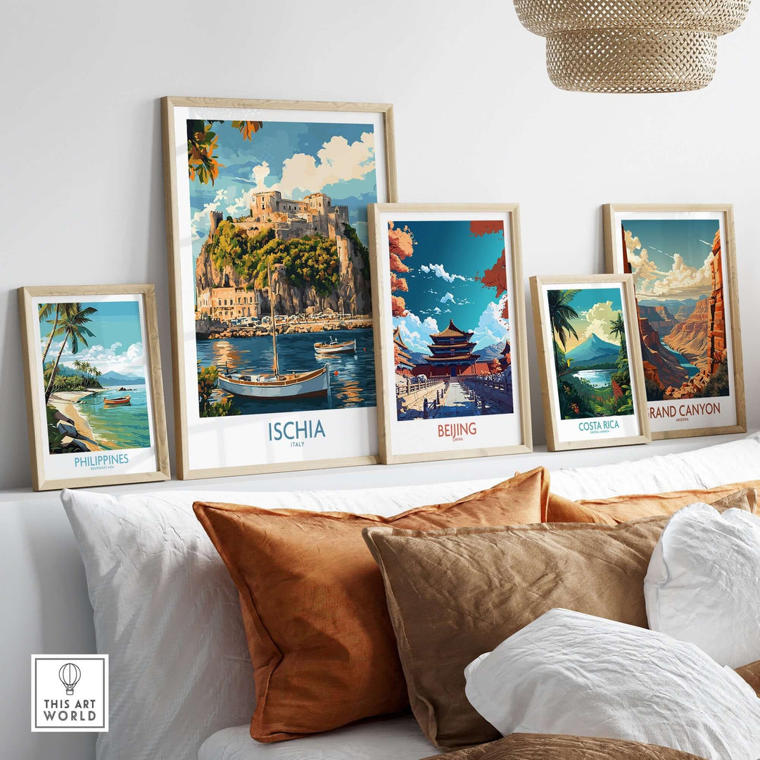 Ischia Wall Art Print alongside other travel-themed prints, showcasing Italy's beauty in a cozy living room setting.