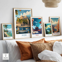 Ischia Wall Art Print Italy displayed among other travel-themed prints in a modern living room setting.