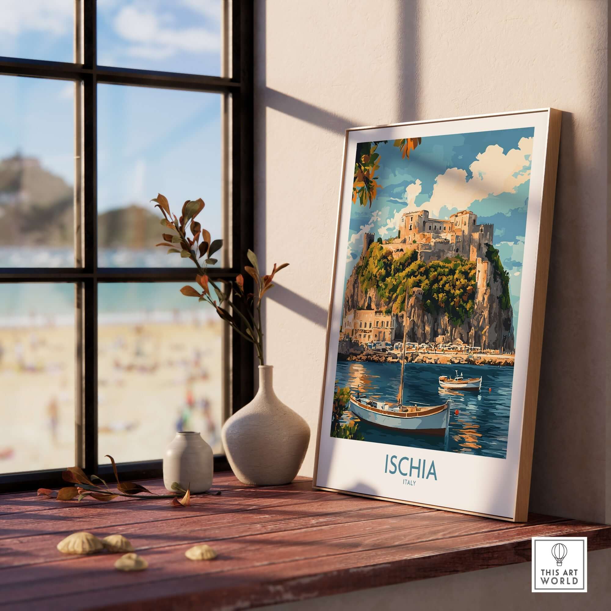 Ischia Wall Art Print Italy showcasing a picturesque coastal scene in vibrant colors and charming details.