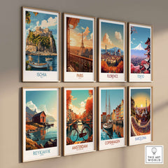 Ischia Wall Art Print Italy displayed among other city prints, showcasing the beauty of Ischia island and Mediterranean scenery.