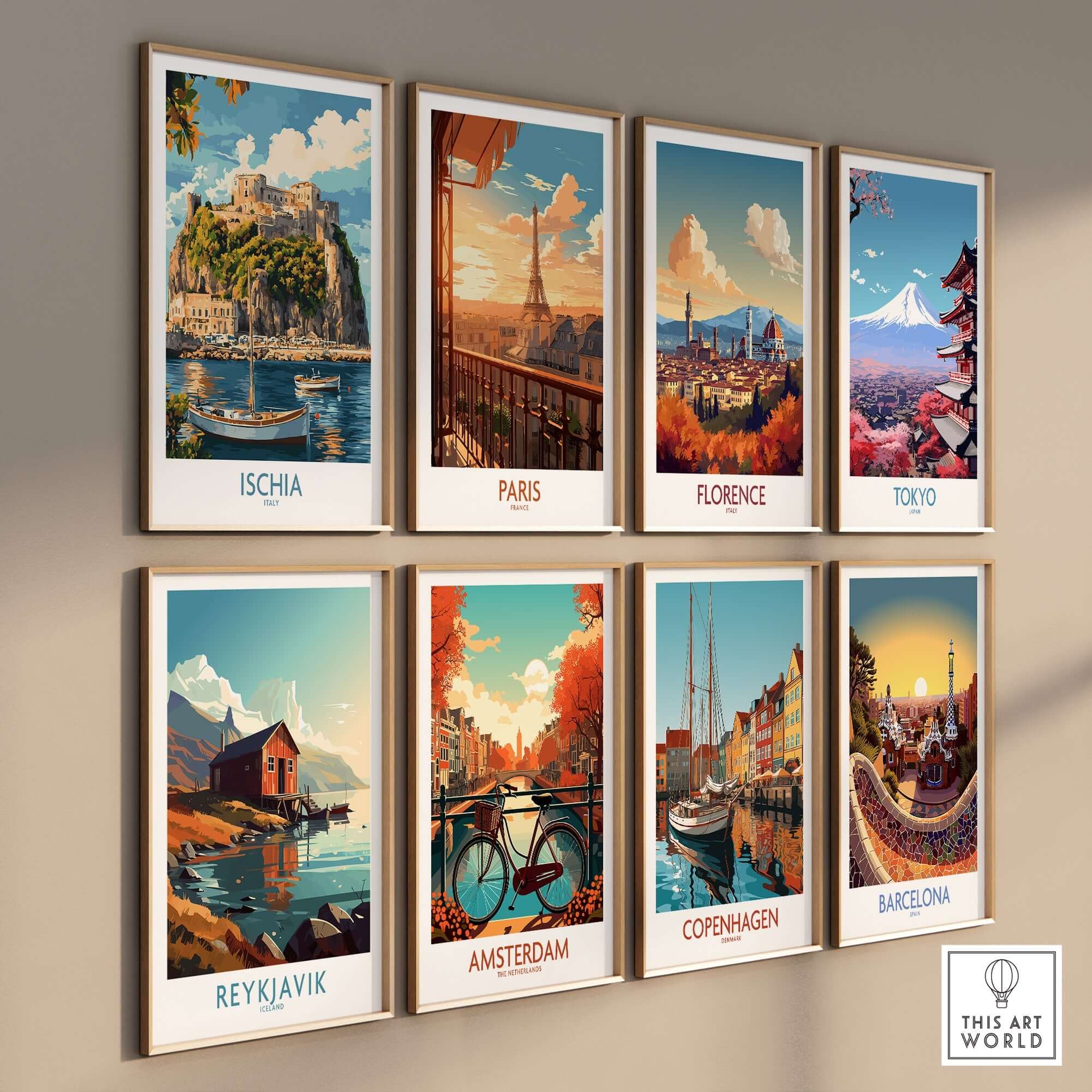 Ischia Wall Art Print Italy displayed among other city prints, showcasing the beauty of Ischia island and Mediterranean scenery.