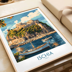 Ischia Wall Art Print Italy featuring a picturesque view of Ischia with boats and vibrant colors.