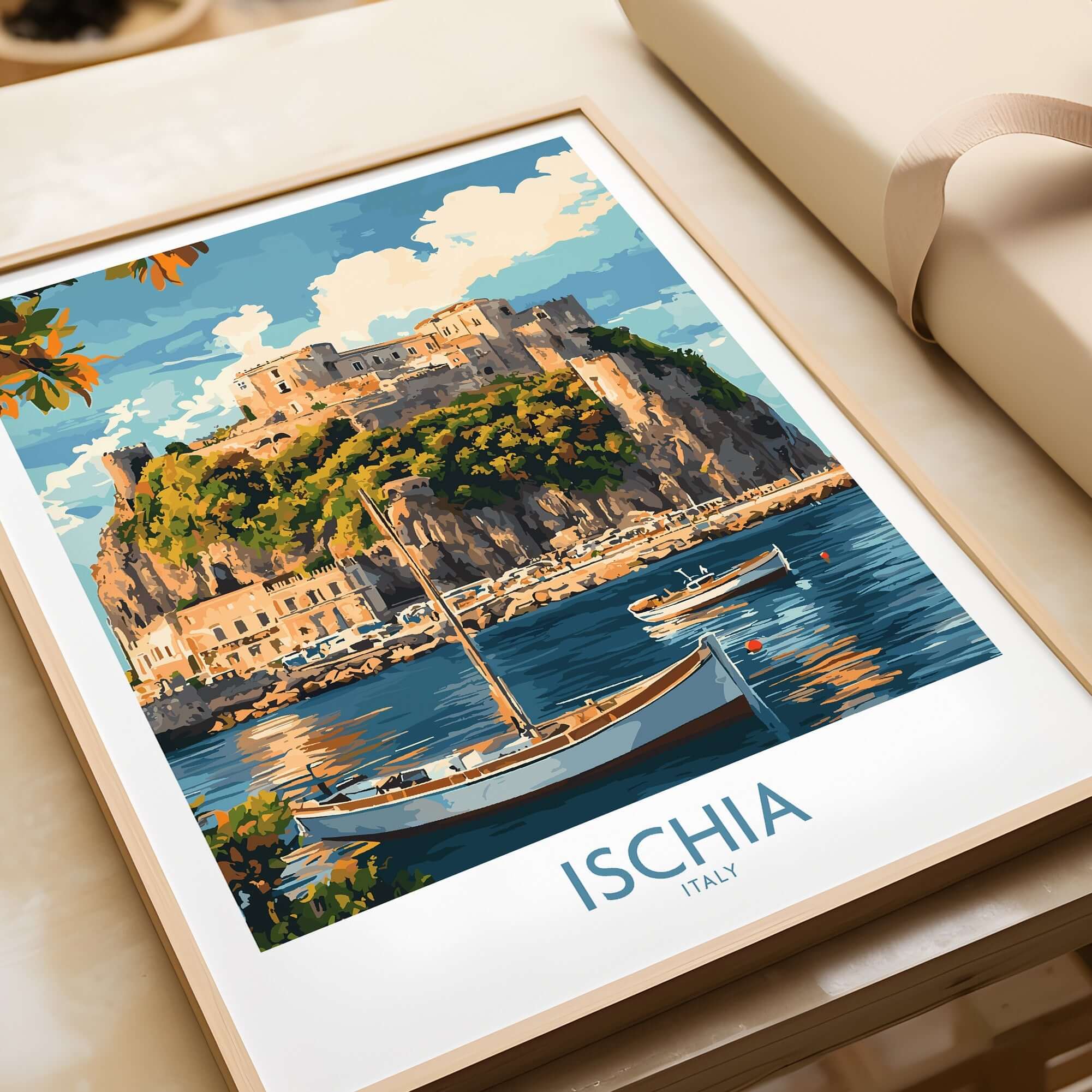 Ischia Wall Art Print Italy featuring a picturesque view of Ischia with boats and vibrant colors.