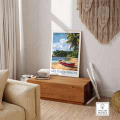 Island Dreams: São Tomé Wall Art for Your Space featuring a tropical beach scene with a boat.