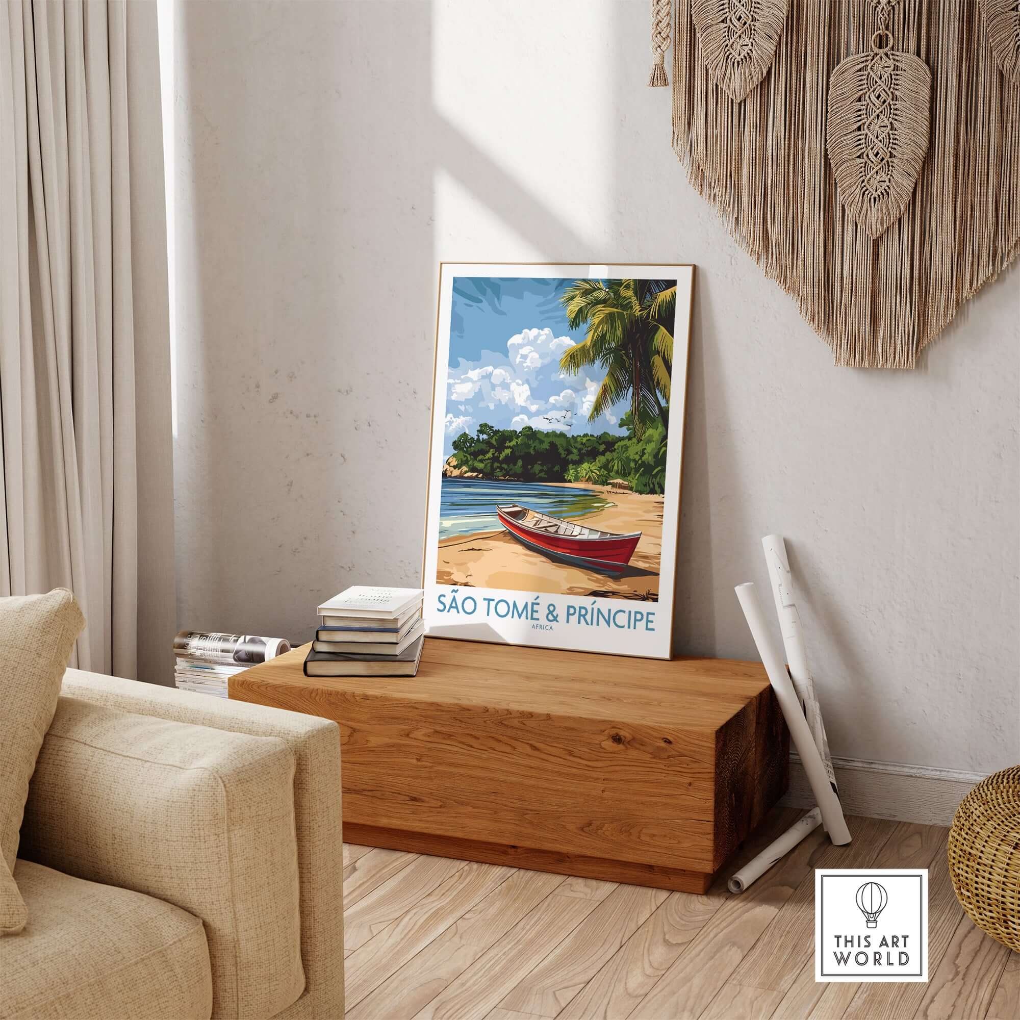 Island Dreams: São Tomé Wall Art for Your Space featuring a tropical beach scene with a boat.