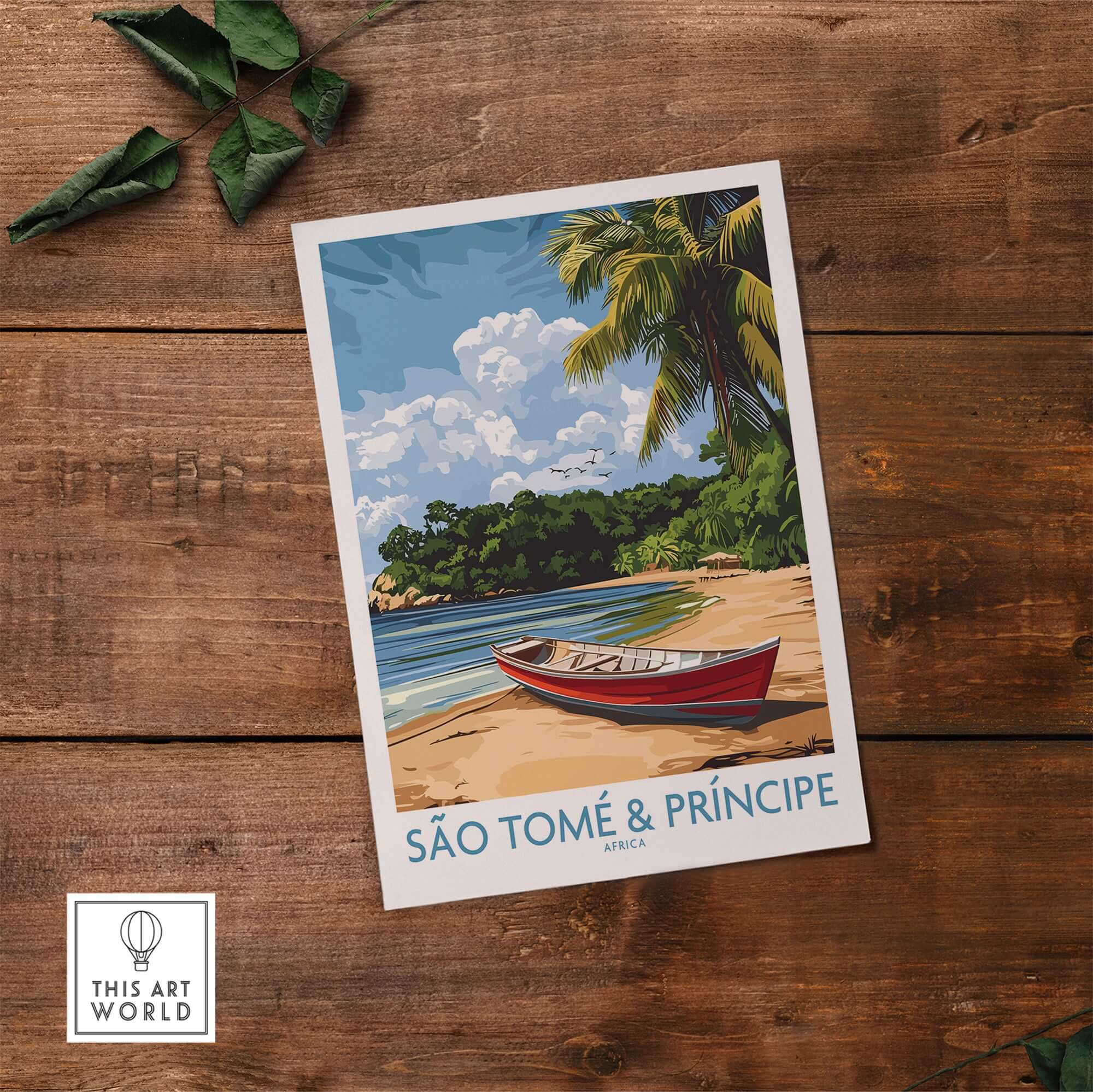 Island Dreams: São Tomé Wall Art for Your Space showcasing a serene beach scene with a red boat and lush greenery.