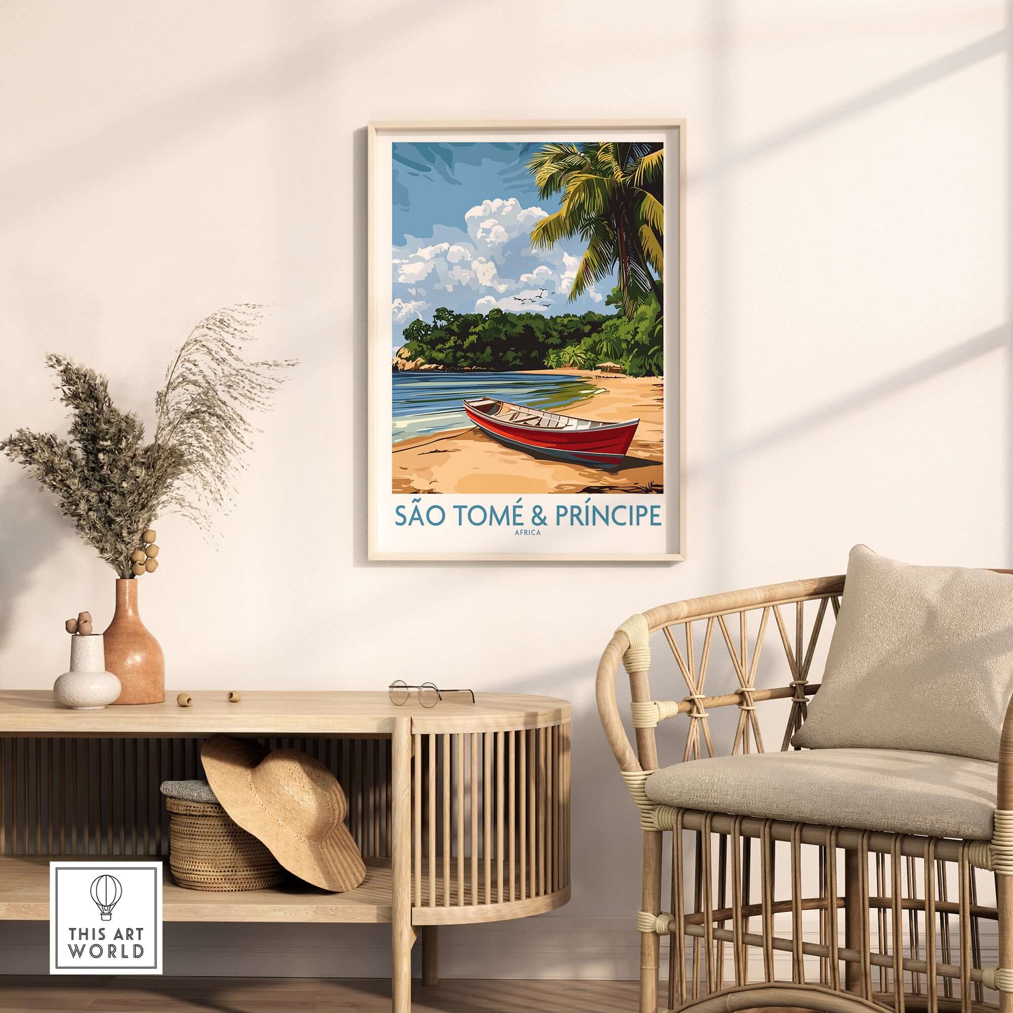 Island Dreams: São Tomé Wall Art for Your Space featuring a beach scene with a red boat and tropical landscape.