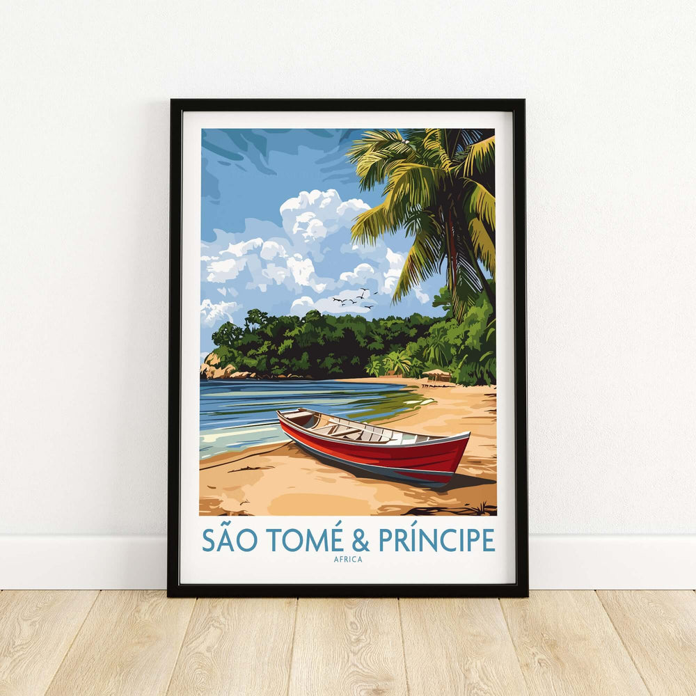 Framed São Tomé wall art depicting a beach scene with a red boat, palm trees, and clear skies.