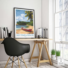 Island Dreams: São Tomé Wall Art for Your Space featuring a beach scene in a stylish home office setting.