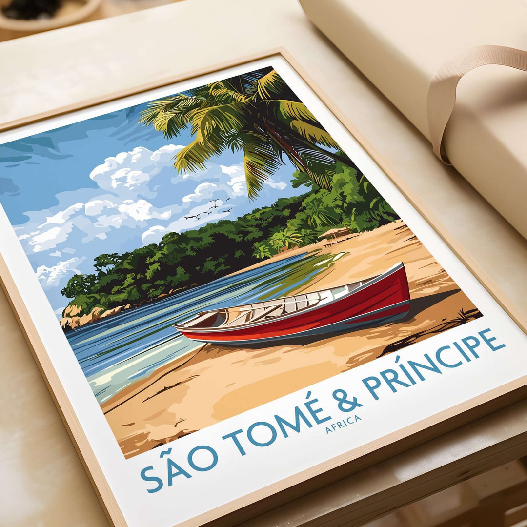 Island Dreams wall art featuring a serene beach scene from São Tomé & Príncipe with a boat and tropical landscape.