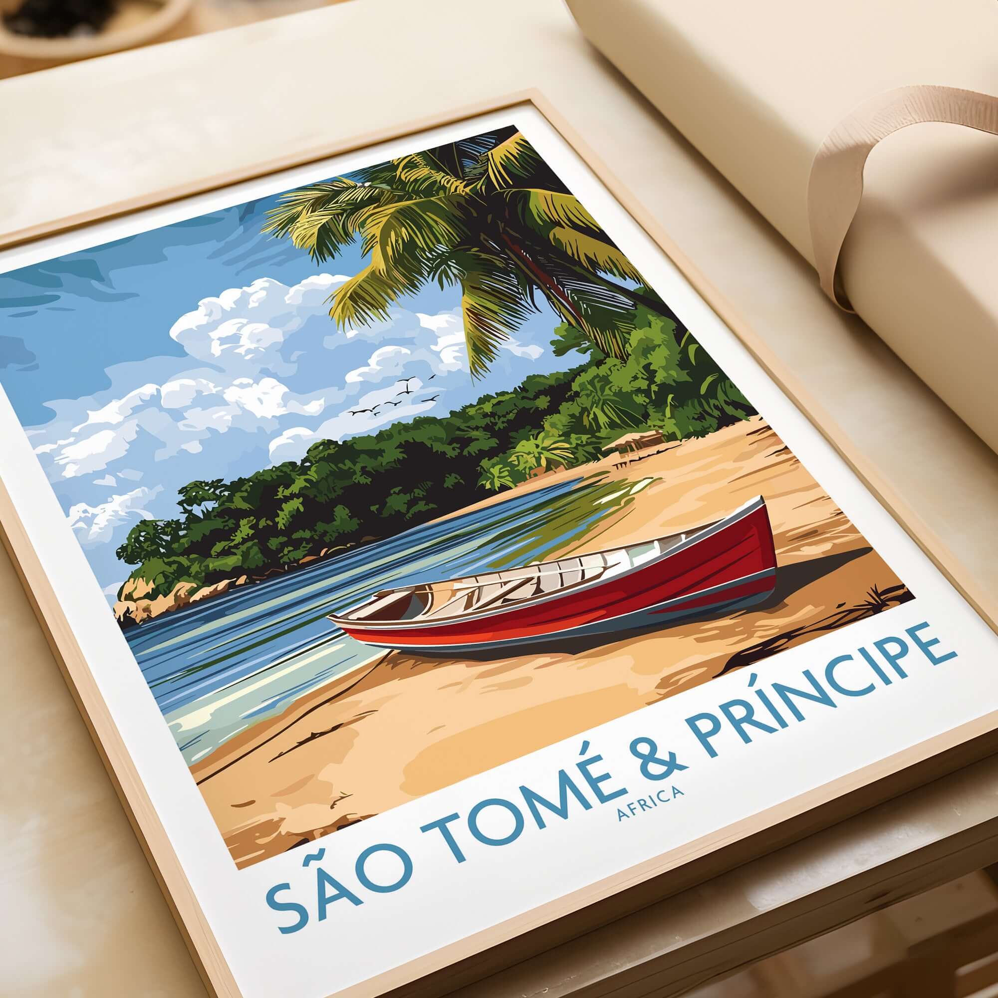 Island Dreams: São Tomé Wall Art for Your Space featuring a serene beach scene and traditional boat.