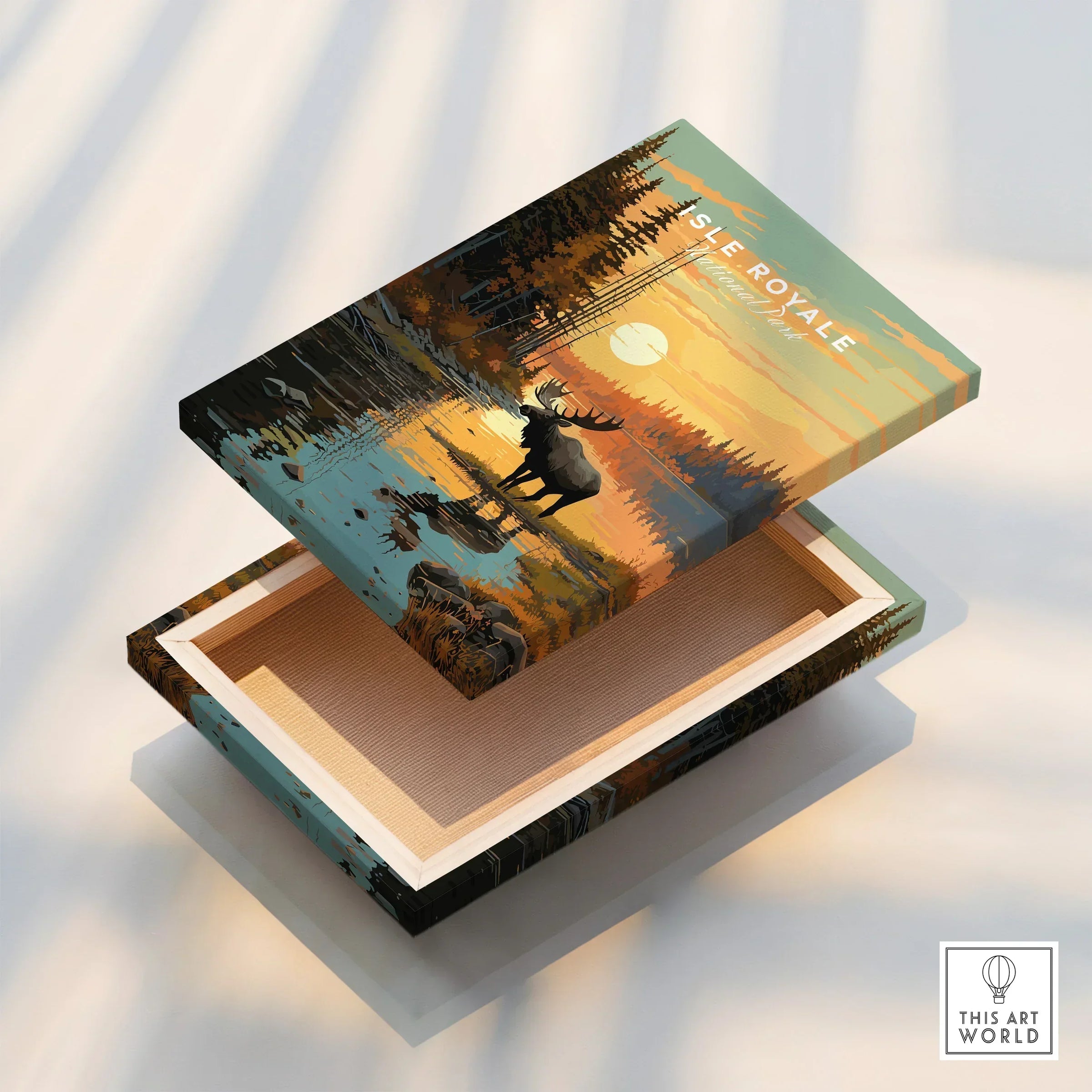 Isle Royale stretched canvas print with moose, forest, and lake at sunset, floating frame detail