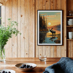 Isle Royale National Park art print with moose and lake, framed on wooden kitchen wall