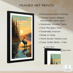 Framed Isle Royale National Park art print with moose, sunset lake scene, and product details.