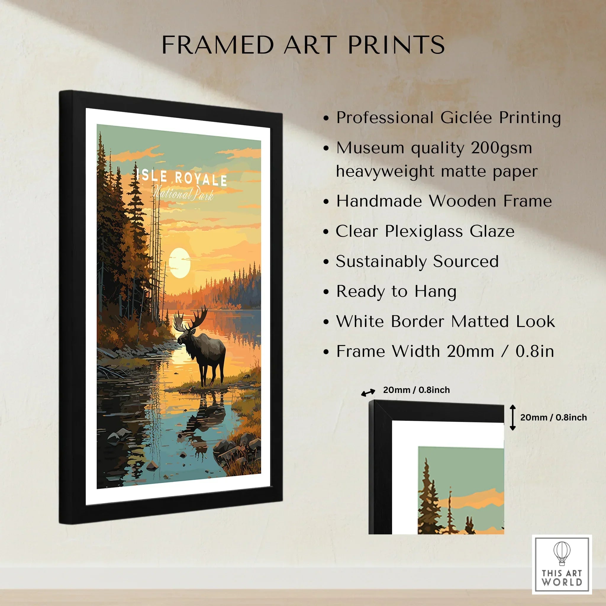 Framed Isle Royale National Park art print with moose, sunset lake scene, and product details.