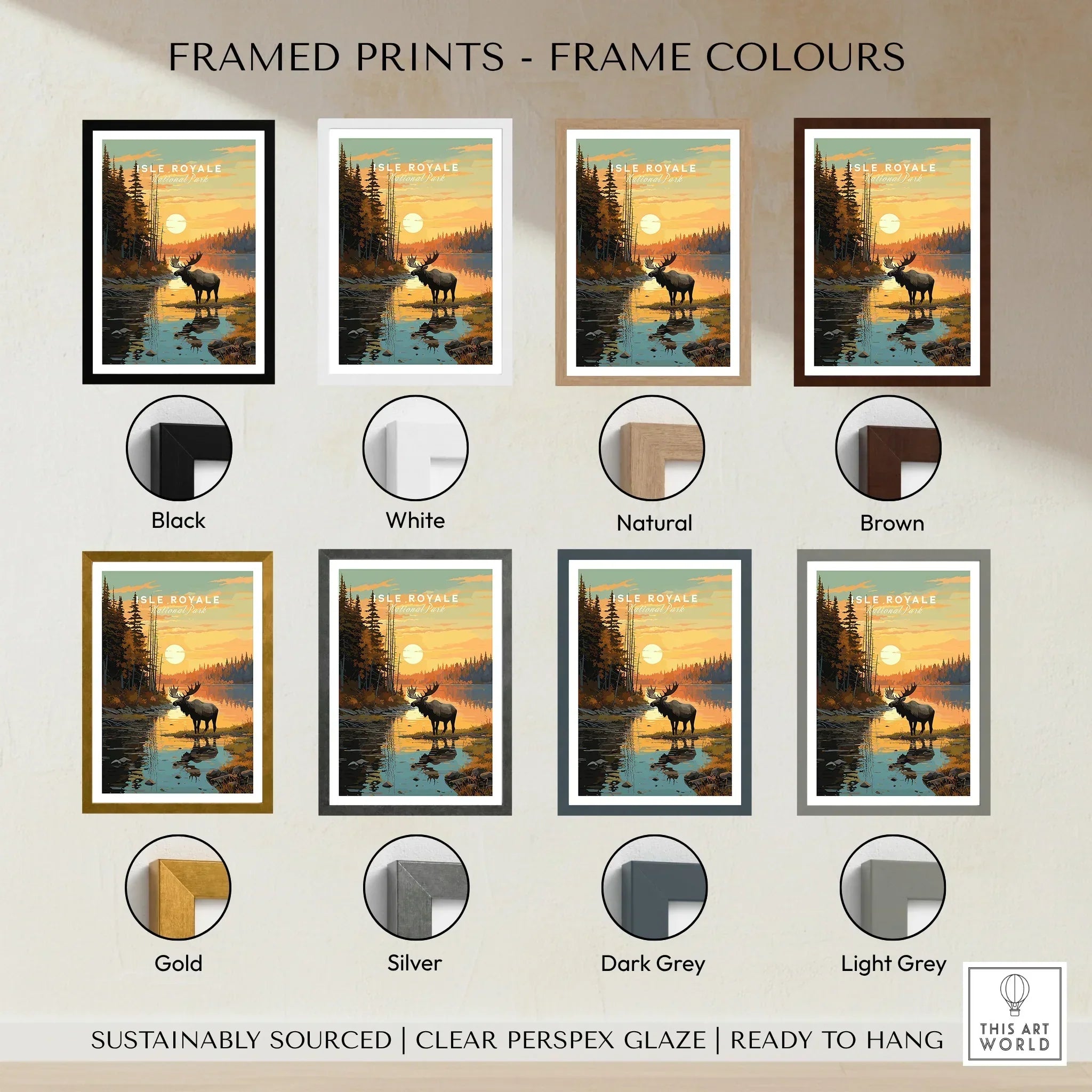 Isle Royale National Park print with moose at sunset in eight frame color options