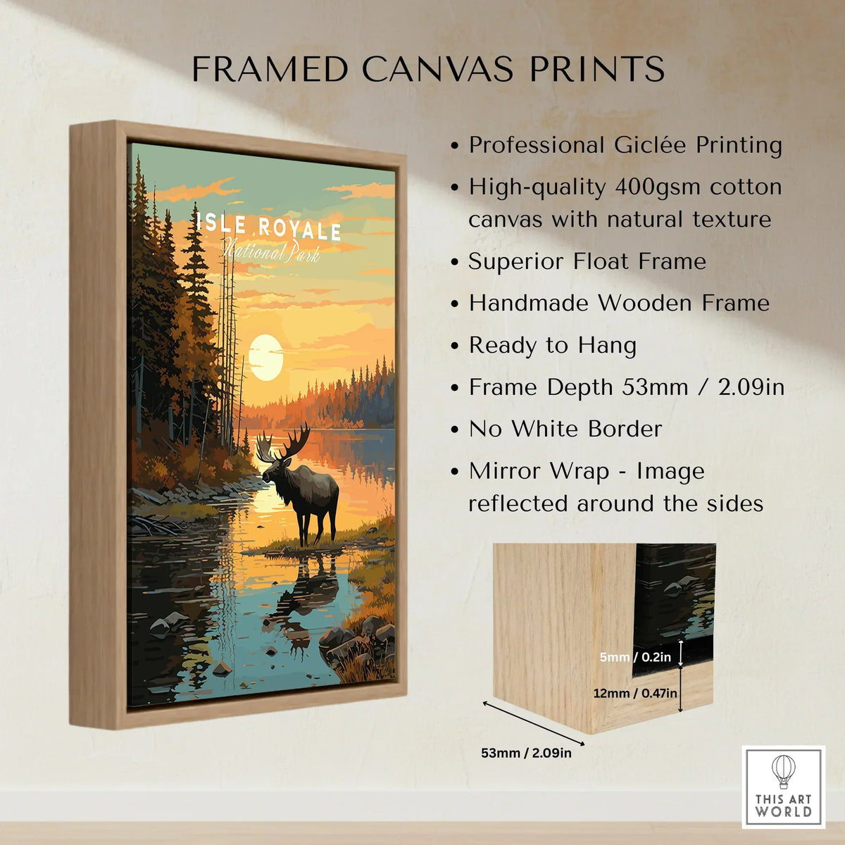 Framed Isle Royale National Park wall art print with moose, lake, and sunset, float frame details.