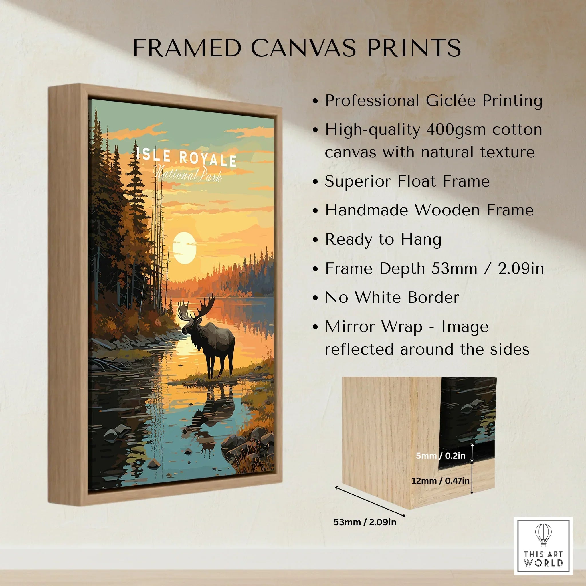 Framed Isle Royale National Park wall art print with moose, lake, and sunset, float frame details.