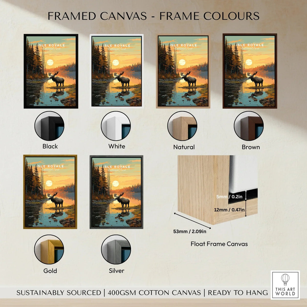 Isle Royale framed canvas art featuring a moose at sunset, shown in black, white, natural, brown, gold, and silver frame options.