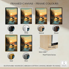 Isle Royale framed canvas art featuring a moose at sunset, shown in black, white, natural, brown, gold, and silver frame options.
