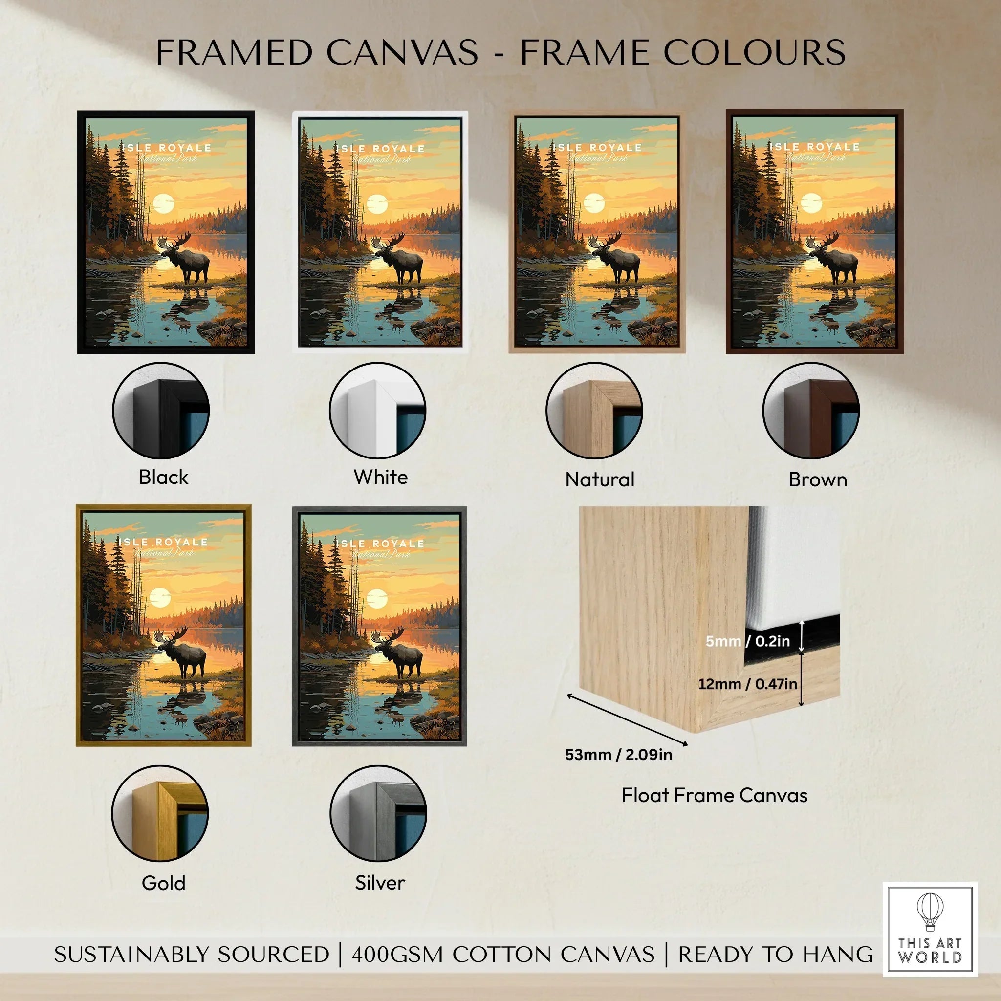 Isle Royale framed canvas art featuring a moose at sunset, shown in black, white, natural, brown, gold, and silver frame options.