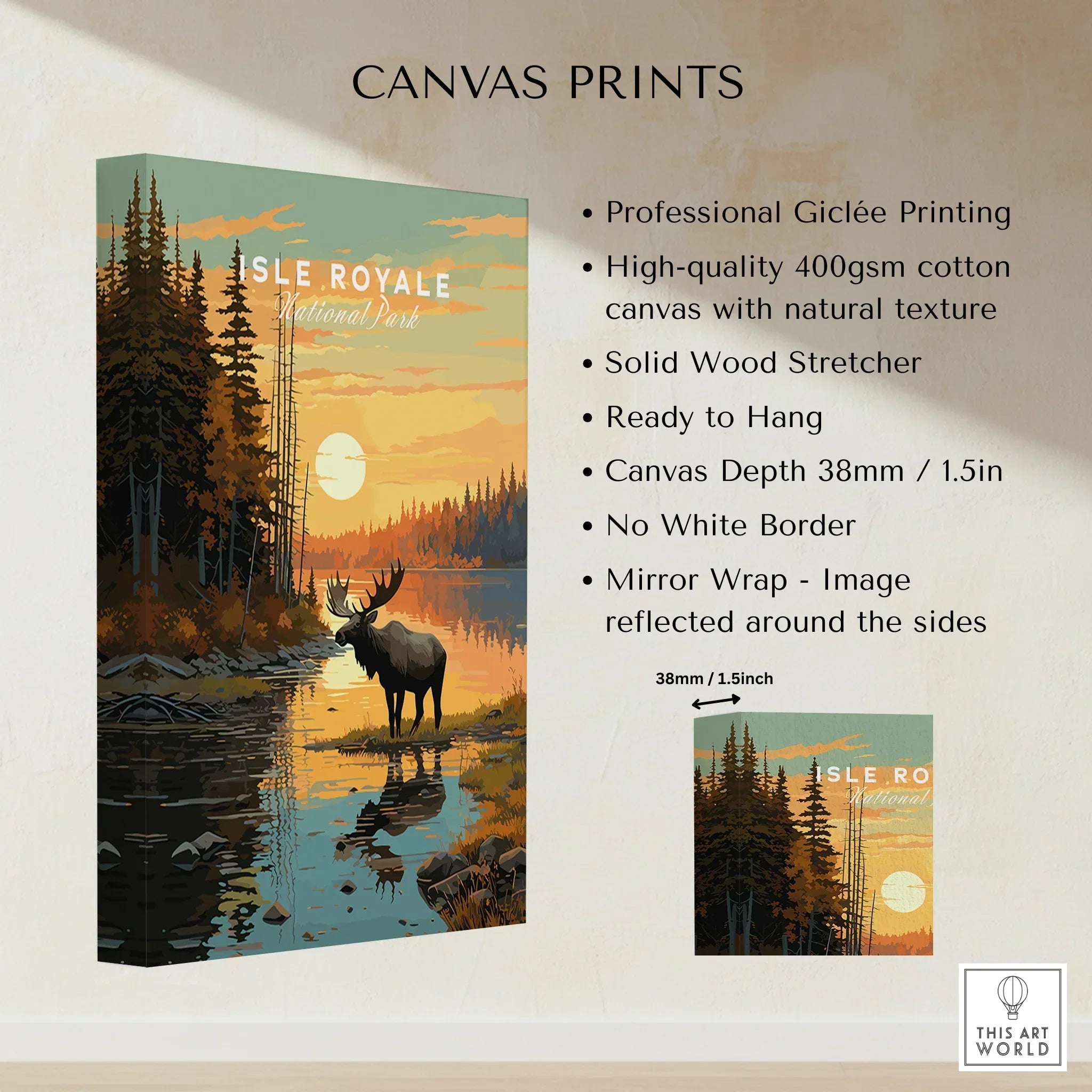 Isle Royale National Park canvas print featuring a moose by a forest lake at sunset.
