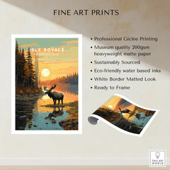 Isle Royale National Park fine art print with moose, sunset, lake, and pine trees, unframed wall art.