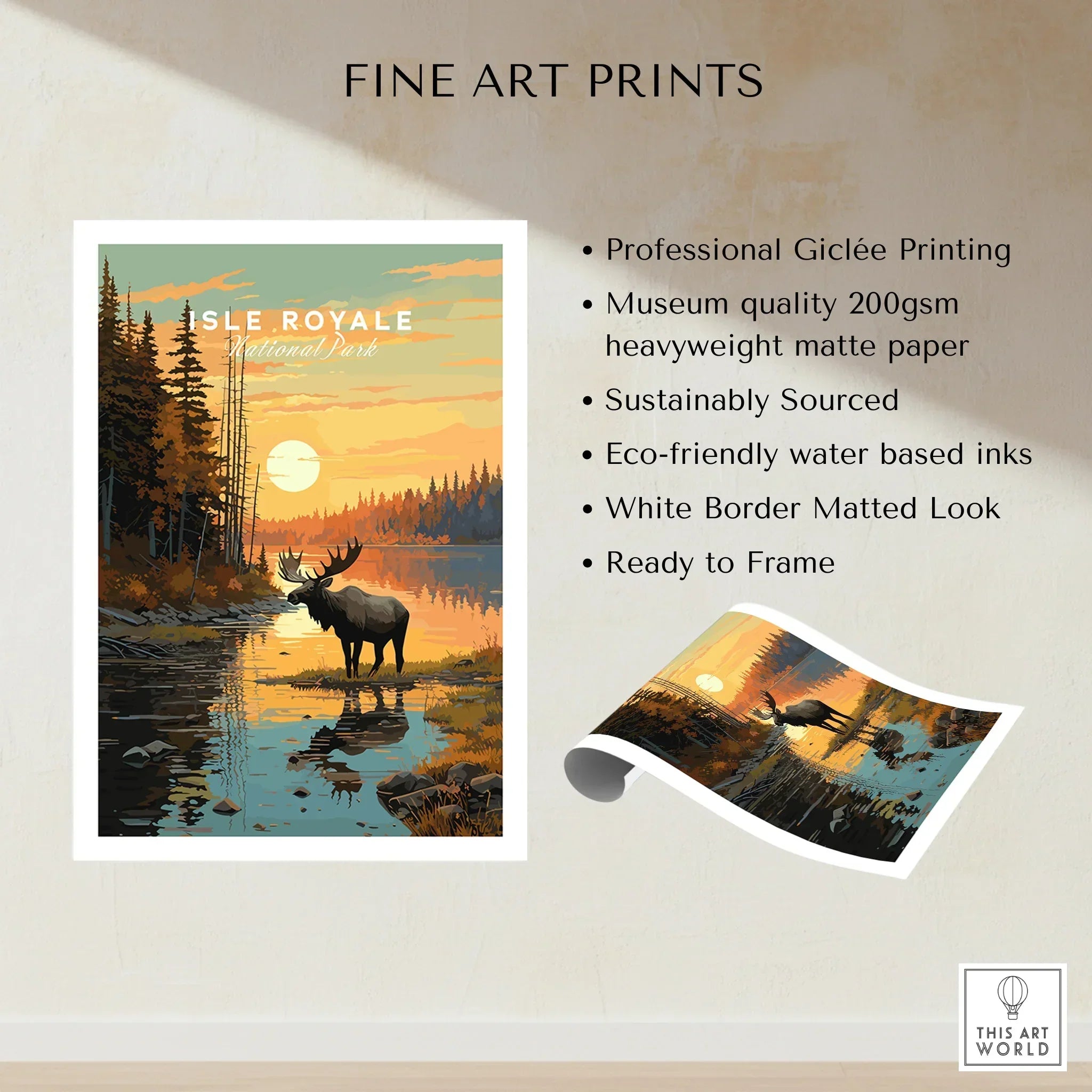 Isle Royale National Park fine art print with moose, sunset, lake, and pine trees, unframed wall art.