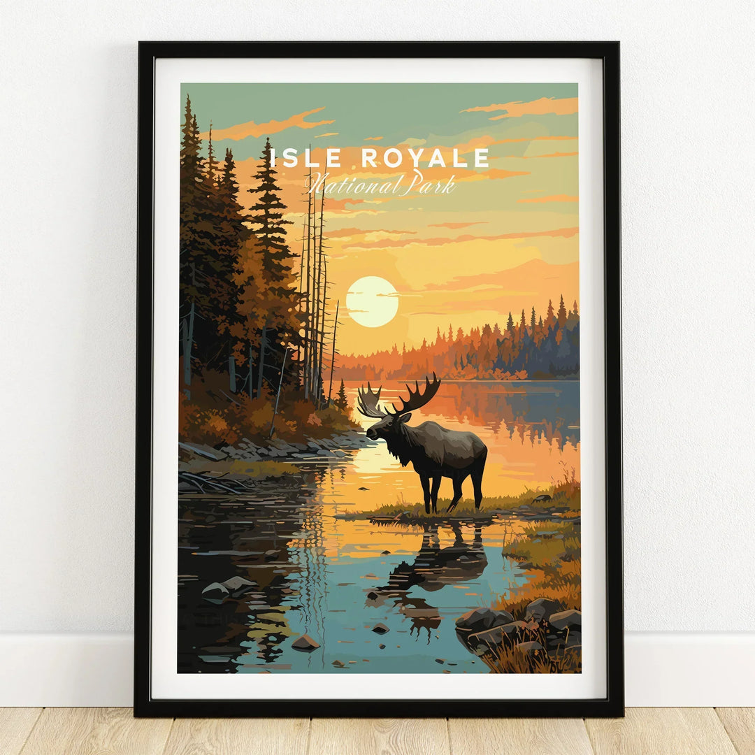 Isle Royale National Park art print with moose, sunset, and forest in black frame on floor