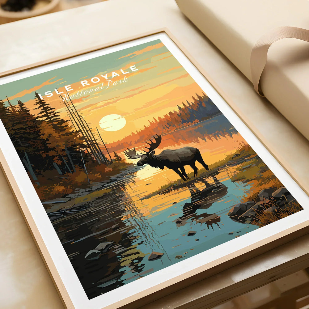 Isle Royale National Park art print with moose by sunset lake in natural wood frame