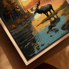 Framed canvas wall art of a moose by a lake at sunset, National Park nature print