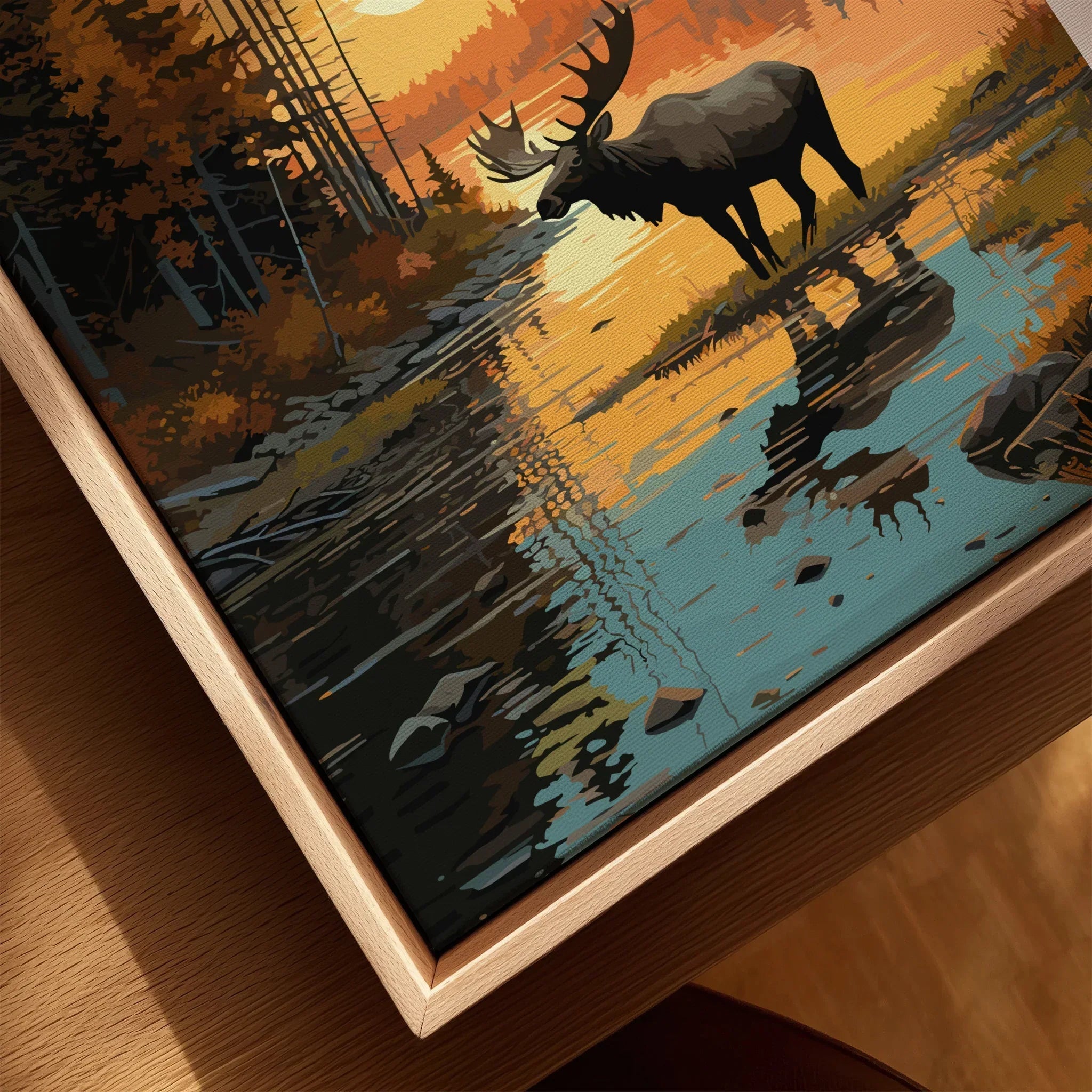 Framed canvas wall art of a moose by a lake at sunset, National Park nature print