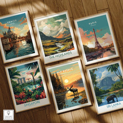 Set of six framed travel and national park art prints on wooden floor, featuring Venice, Paris, Singapore, Isle Royale, The Highlands, and Sri Lanka.