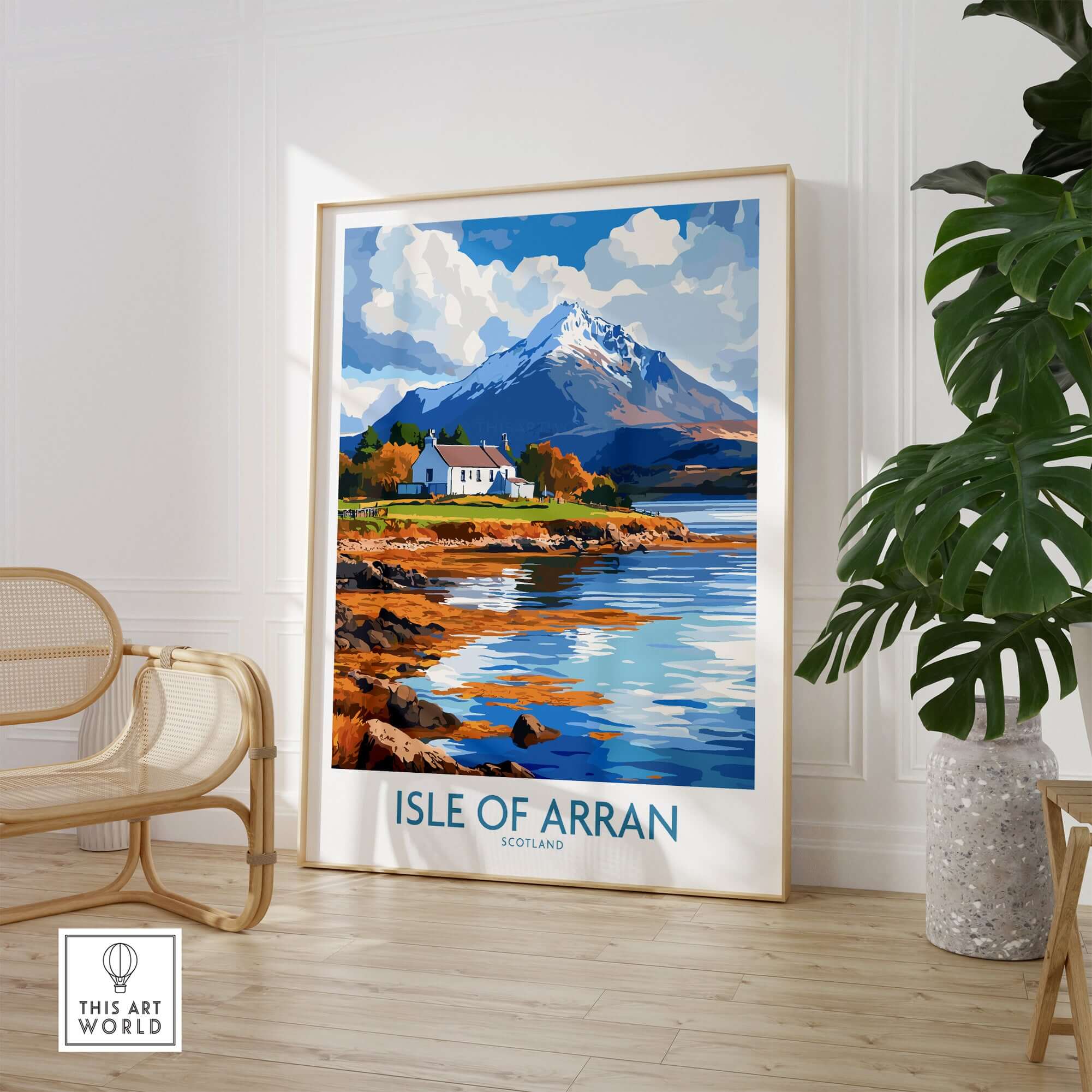 Isle of Arran Poster showcasing stunning Scottish landscapes with mountains and a serene water view.