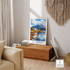 Isle of Arran Poster displayed in a cozy living room, showcasing stunning Scottish landscapes.
