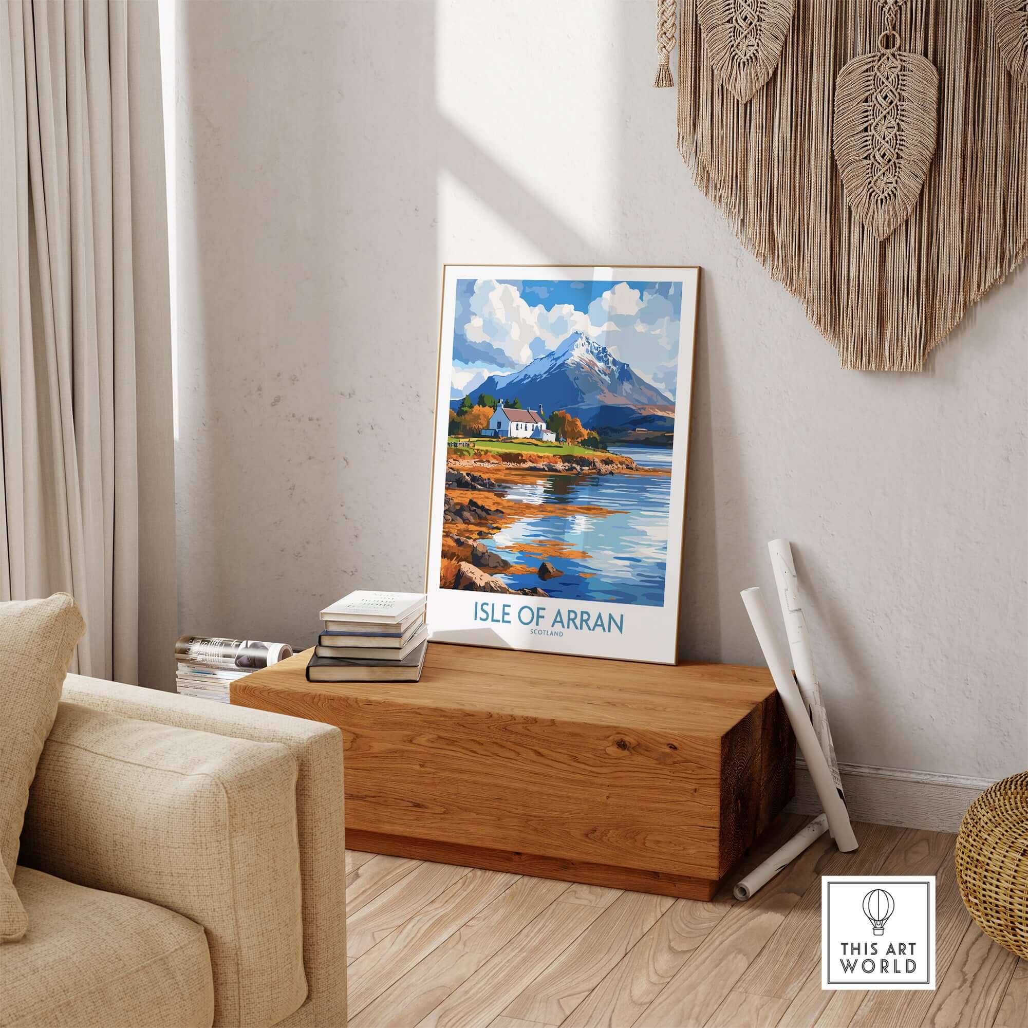 Isle of Arran Poster displayed in a cozy living room, showcasing stunning Scottish landscapes.
