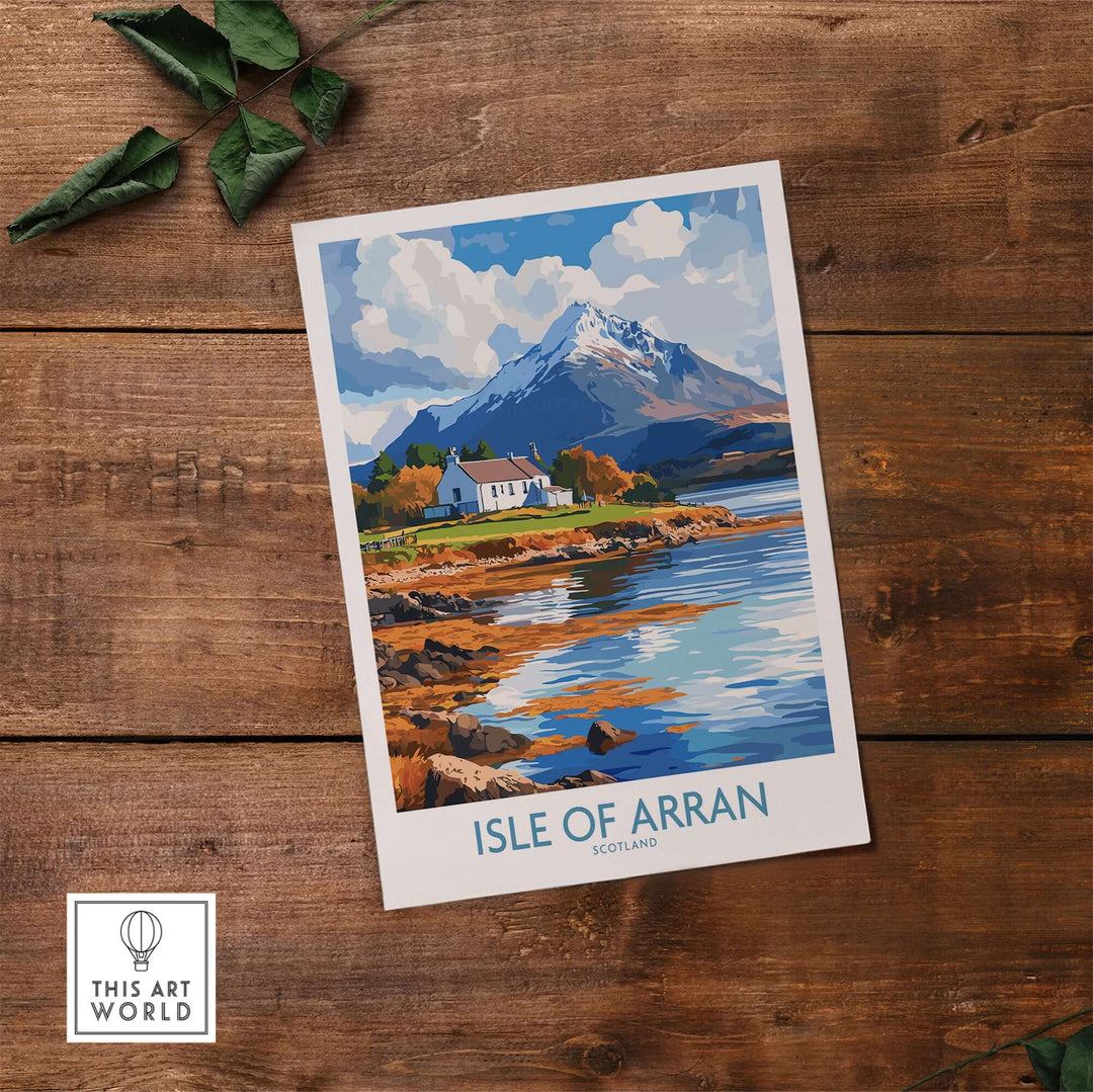 Isle of Arran poster featuring scenic views of mountains and a tranquil lake in beautiful Scotland.