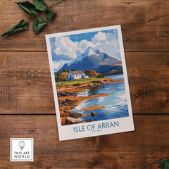 Isle of Arran Poster featuring stunning Scottish landscapes and a serene mountain backdrop.